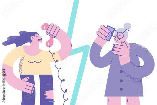 Happy young and old woman talk on phone