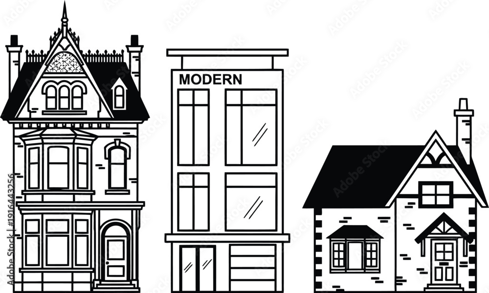 Fototapeta premium Set of various house architecture building styles isolated on a white background.
