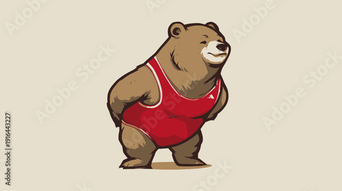 A cartoon bear in a red athletic singlet and a neutral background. The bear stands upright