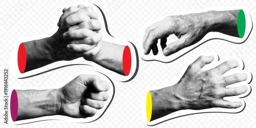 Set of halftone collage hands with different gestures in retro grunge style