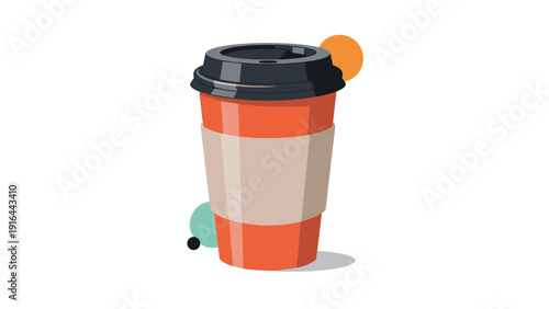 Modern flat illustration of a takeaway coffee cup in bright orange with a cardboard sleeve and decorative circles on a plain white background.