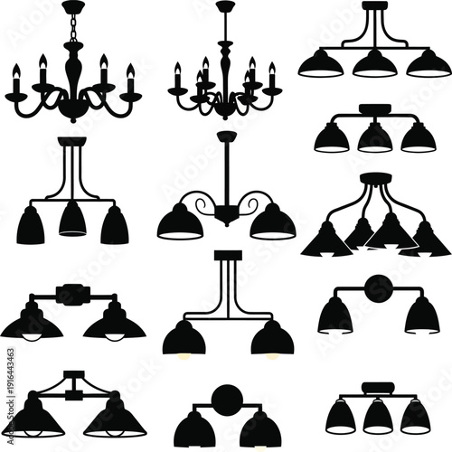 Chandelier icons set showing various lighting fixtures isolated on a white background.
