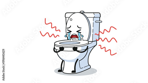 Distressed cartoon toilet character cries with tears and red vibration lines, depicting plumbing issues or gastrointestinal health problems.
