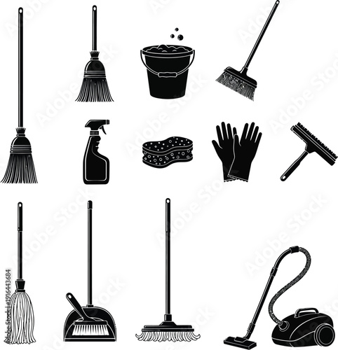 Cleaning tools, household supplies, brooms, mops, vacuum, icons set