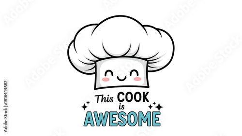 Cute cartoon chef hat with a smiling face is accompanied by the text this cook is awesome, ideal for culinary gifts or restaurant staff themes.