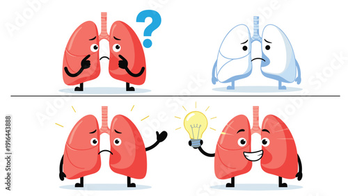 Comparative set of human lung characters showing different states of health and discovery from illness to recovery and ideas.