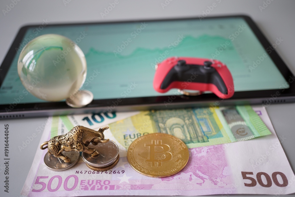 custom made wallpaper toronto digitalBull figurine and bitcoin coins on the background of a tablet with a chart. Finance and economics.