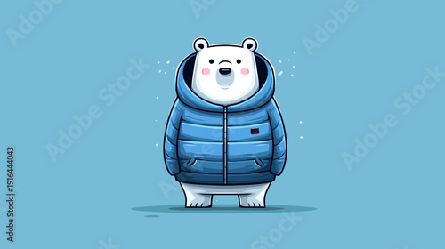 A cartoon polar bear in a puffy blue jacket stands against a light blue backdrop