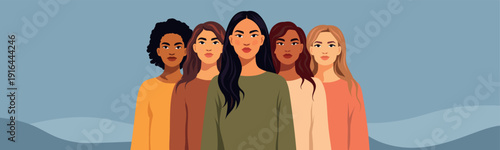 Women's Day, March 8. Vector vertical banner, women of different cultures, nationalities standing together. Support diversity, feminism, freedom, the gender equality movement, women's empowerment