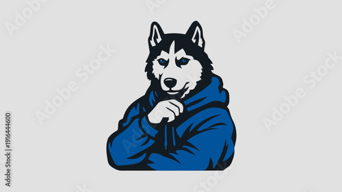 Graphic image of a husky-like dog wearing a blue hooded sweatshirt