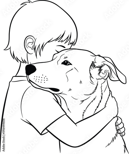 Simple black and white line art illustration depicting a young child tenderly embracing a beloved companion dog with affection and friendship