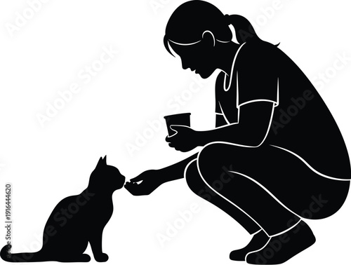 Silhouette graphic of a caring person crouching down while offering a small treat directly to a waiting seated cat