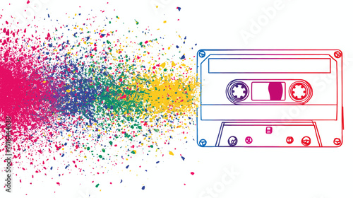 Colorful illustration of a cassette tape with a gradient outline and paint splatter