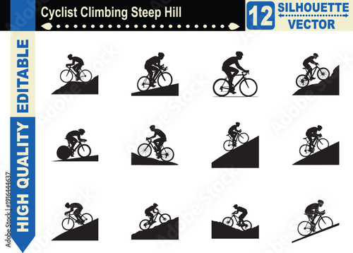Silhouette set of a cyclist climbing a steep hill, representing endurance, perseverance, physical challenge, and the uphill journey to success.