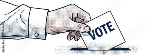 Stylized illustration depicts a hand in a white dress shirt cuff dropping a ballot labeled vote into a slot for an election
