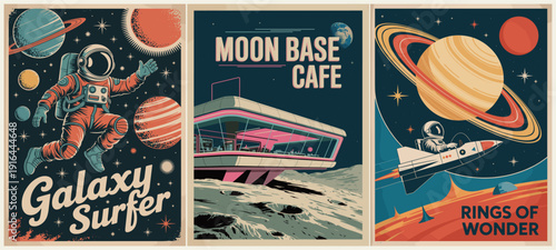 Vintage-style space travel triptych featuring surfing astronaut, moon base cafe, and ringed planet rocket scene. Retro futurism in deep blue, orange, and cream tones.
