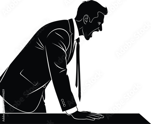 Silhouette of an angry businessman in a suit yelling while slamming his hand down onto a dark surface 