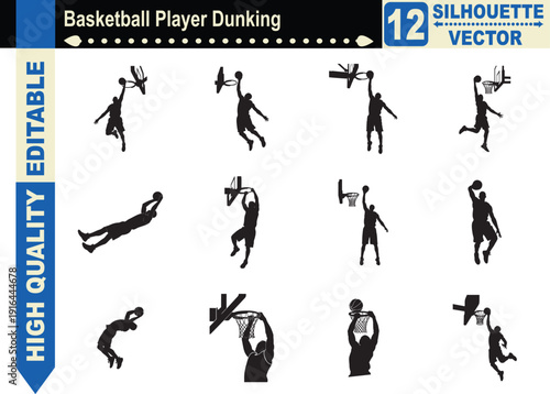 Silhouette set of 12 basketball players performing a slam dunk, representing professional sports, athleticism, scoring success, and jumping power.
