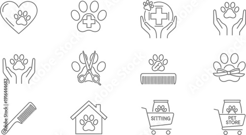 A collection of twelve black and white outline icons representing various essential pet care services like veterinary, grooming, and boarding needs.