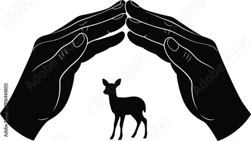 Black silhouette of two cupped human hands forming a protective shelter over a small fawn deer against a white background