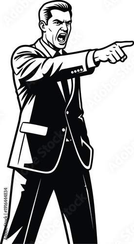 Angry businessman in a suit yelling and aggressively pointing forward in a dramatic black and white illustration style