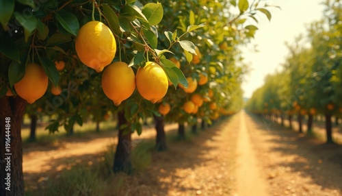 Ripe lemons grow on tree branches in a sunny grove. Rows of citrus trees stretch down a dirt path, suggesting orchard cultivation and fresh harvest for healthy food production.
