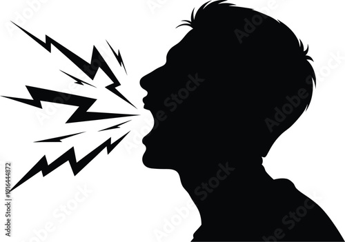 Silhouette profile of a man yelling loudly with sharp lightning bolt sound effects symbolizing powerful communication or anger