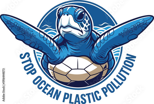 Majestic blue sea turtle illustration promoting the urgent need to stop destructive ocean plastic pollution globally