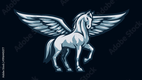 Pixelated white horse with large wings, a mythical creature, posed against a dark blue background