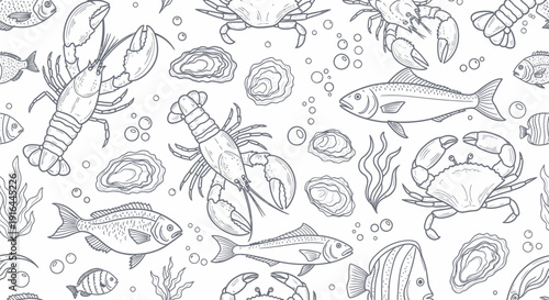 Underwater scene with various sea creatures and plants in a black and white illustration
