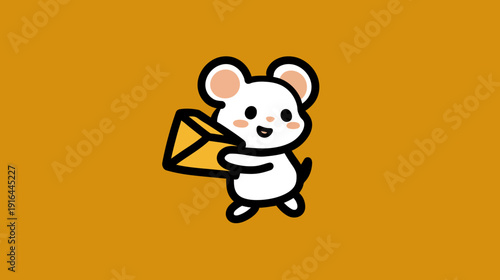 A cute cartoon mouse with a letter. It is smiling and the background is an orange color