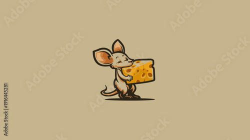 A smiling rodent happily holds a large block of cheese, standing centered on a warm brown background