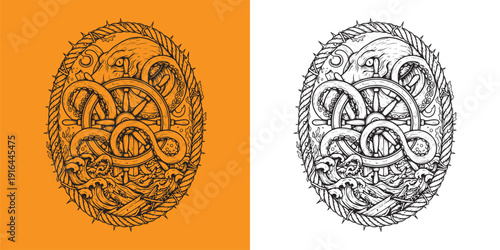 Giant Kraken Octopus Wrapped Around Ship Steering Wheel