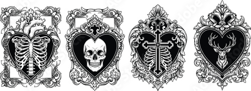 Gothic ornate heart frame vector set featuring skull skeleton cross deer dark romantic tattoo style illustration isolated on white background design collection