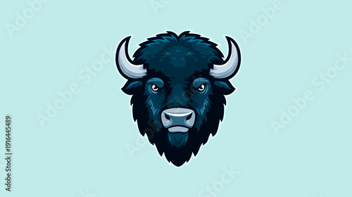 A stylized illustration features a bison head in shades of blue with textured fur & large horns