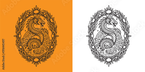 Eastern Dragon Serpent in Ornate Sea Wave Frame Illustration