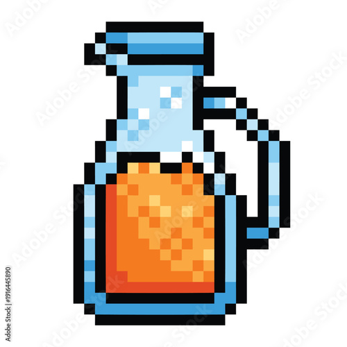 Orange juice in glass water jug pixel art colorful illustration isolated on square white background.