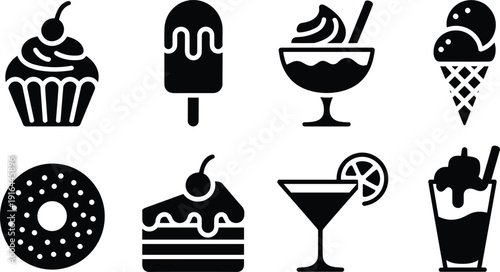 Dessert and Beverage Silhouette Icon Set Isolated on White Background, Collection of Cupcake, Ice Cream, Donut, Cake, Cocktail and Milkshake Symbols