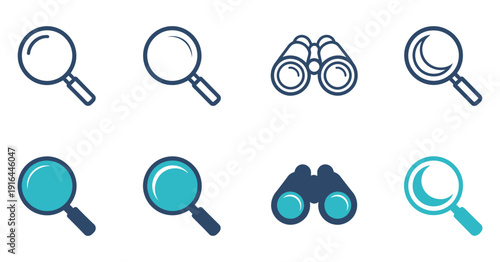 Magnifier search icon discovery sign set, telescope, binoculars, and magnifying glass vector illustrations