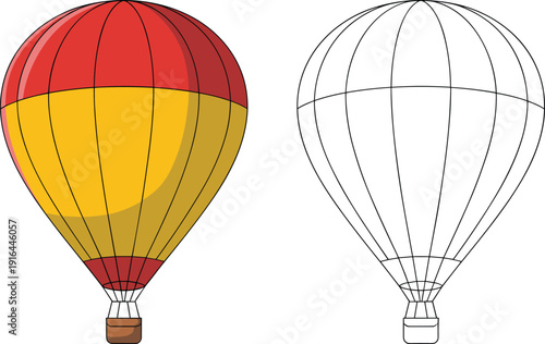 Hot Air Balloon Illustration and Outline Drawing Isolated on White Background, Colorful Flying Aerostat Vector for Travel, Adventure and Transportation Design