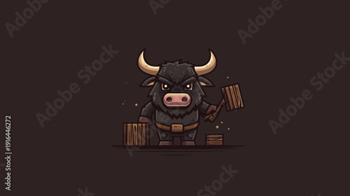 A cartoon bull with an angry expression holding a mallet, near wooden crates, set against a dark background