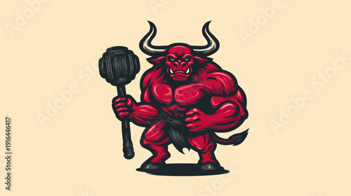 A muscular, red creature with horns holds a black mallet on a beige background