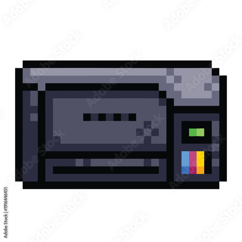 Inkjet printer machine pixel art colorful illustration isolated on square white background.