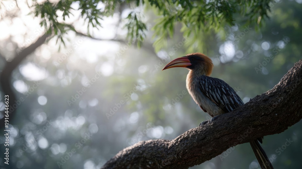 Fototapeta premium Bird perched on a tree branch. the bird has a long, pointed beak with a bright orange and yellow coloration. it has a black and white striped body and a long tail.