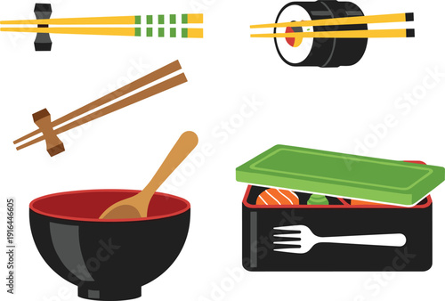 Japanese food illustration set, chopsticks design, sushi roll artwork, bento box vector, traditional dining utensil concept, cuisine collection for culture themes