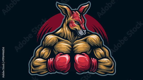 A muscular, cartoon marsupial with boxing gloves and a red background on a dark backdrop