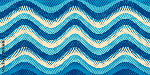 Seamless vector illustration of an abstract blue background featuring wavy geometric lines and a flowing water texture for a modern decorative wallpaper design