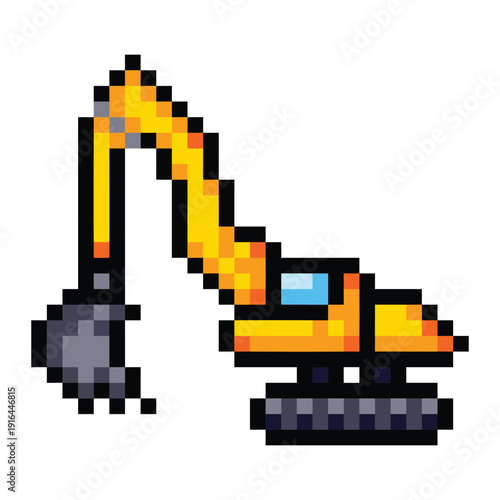 Escavator heavy machine pixel art colorful illustration isolated on square white background.