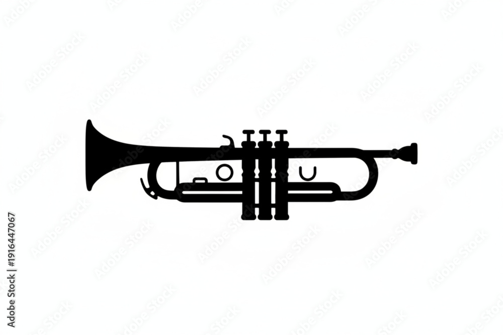 Naklejka premium Silhouette of Musical Instrument: A minimalist illustration of a classic brass trumpet, rendered in stark black against a clean backdrop, evoking the spirit of jazz and musical performance.