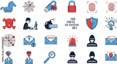 Cybersecurity and hacking flat icon set featuring trojan horse, hacker, ddos attack, phishing email, fingerprint scan, data breach, and web security elements for internet safety.